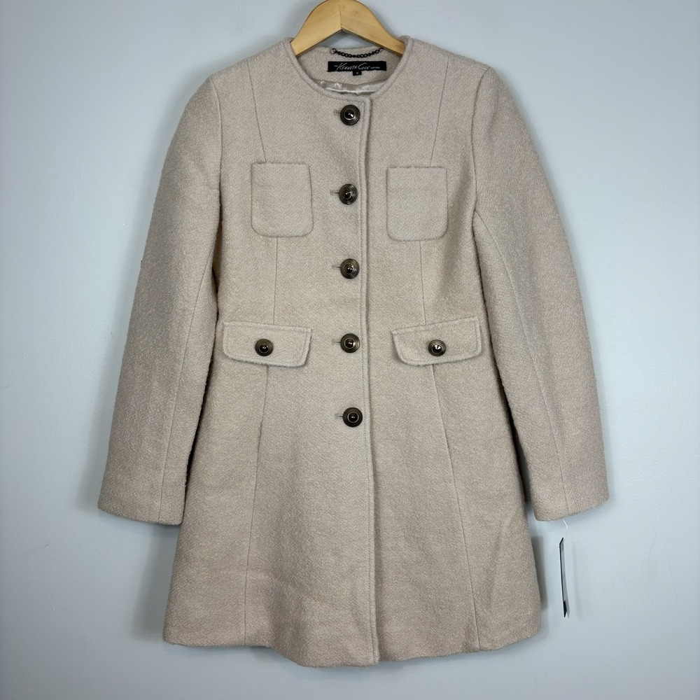 NWT Kenneth Cole Women's Sz 6 Wool Blend Collarless Tweed Jacket Coat Bone